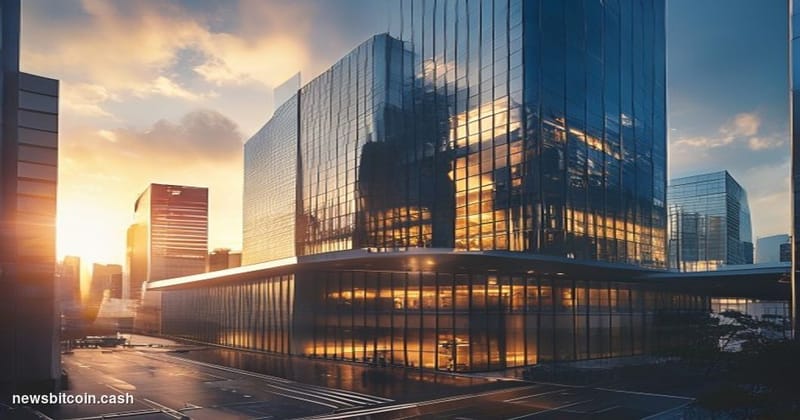 A cinematic photorealistic editorial photograph showcasing Japan's Financial Services Agency headquarters in Tokyo's Kasumiga