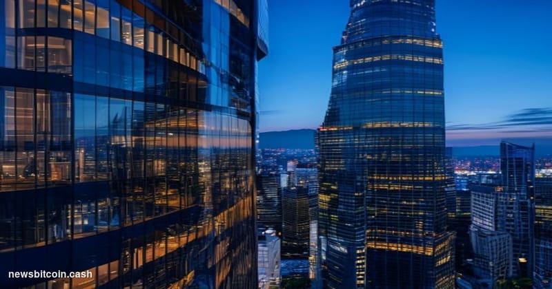 A cinematic photorealistic editorial photograph capturing Japan's financial district skyline at dusk, specifically featuring 
