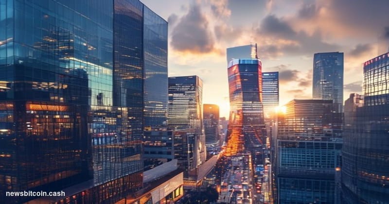 A cinematic photorealistic editorial photograph of Tokyo's financial district at golden hour, showing the gleaming glass towe