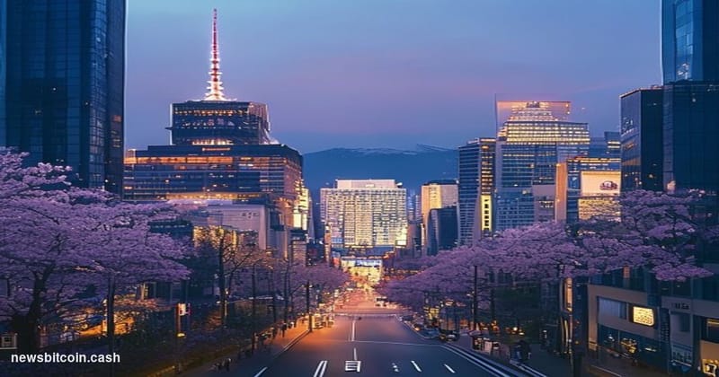 A cinematic photorealistic editorial photograph showing the iconic Tokyo skyline at dusk with Mount Fuji visible in the dista