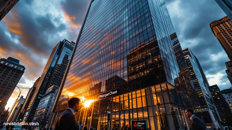 A cinematic photorealistic editorial photograph showcasing JPMorgan's imposing headquarters at 383 Madison Avenue in Manhatta