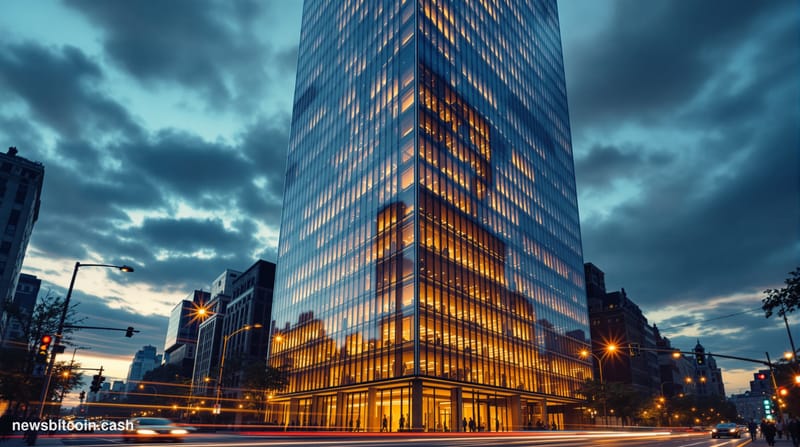 A cinematic photorealistic editorial photograph of JPMorgan Chase's iconic headquarters at 383 Madison Avenue in Manhattan, s