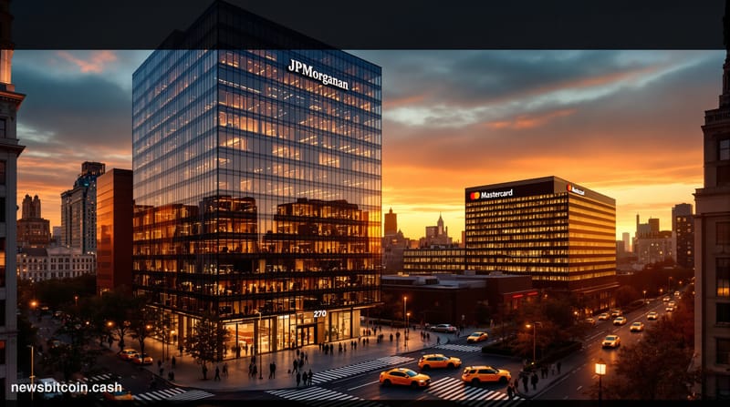 A cinematic photorealistic editorial photograph showing JPMorgan's iconic 270 Park Avenue headquarters in Manhattan alongside