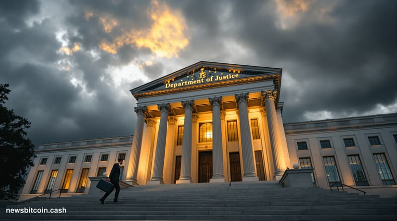 A cinematic photorealistic editorial photograph showing the imposing neoclassical facade of the US Department of Justice buil