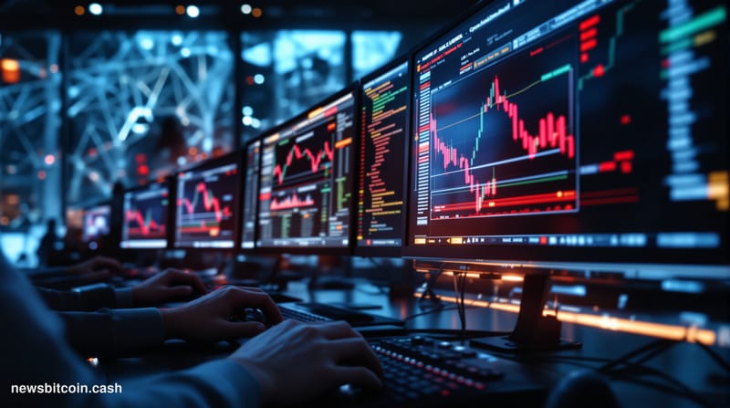 A cinematic photorealistic editorial photograph showing a dramatic visualization of DeFi protocol infrastructure under stress