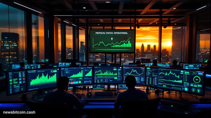 A cinematic photorealistic editorial photograph showing a modern cryptocurrency trading floor or DeFi protocol control room d