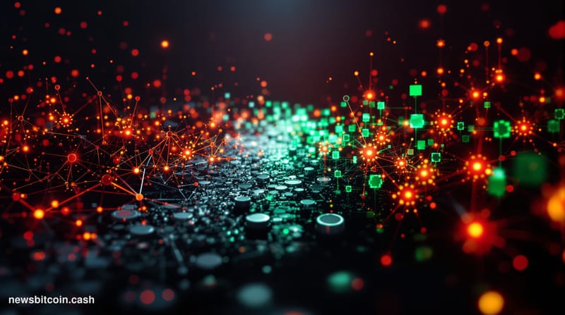 Cinematic photorealistic editorial photograph showing a split-screen composition: on the left side, abstract network nodes an