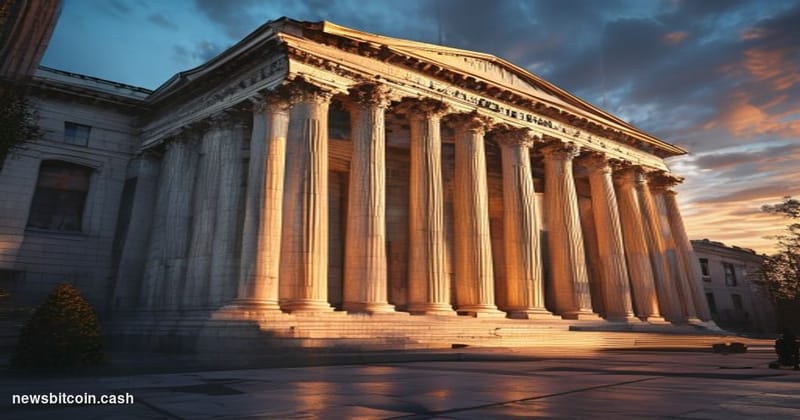 A cinematic photorealistic editorial photograph of the Federal Reserve Building's iconic neoclassical facade in Washington DC