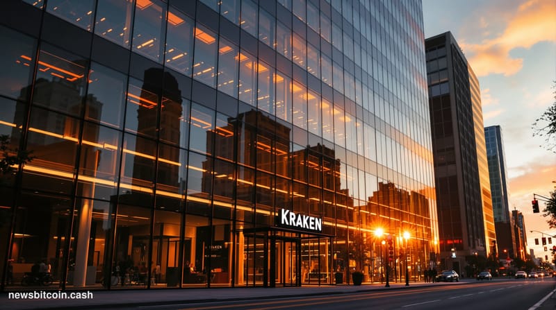 Cinematic photorealistic editorial photograph of Kraken's San Francisco headquarters building exterior during golden hour, wi