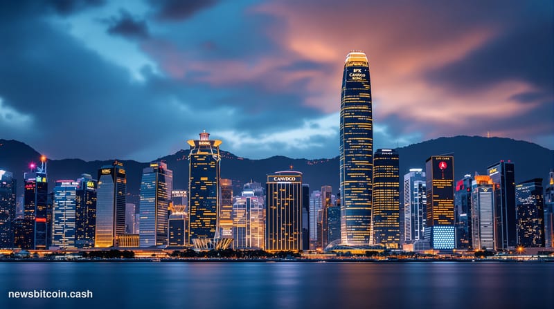 Cinematic photorealistic editorial photograph showing Hong Kong's gleaming financial district at dusk, with the iconic skylin