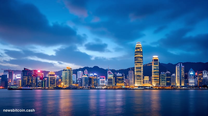 A cinematic photorealistic editorial photograph showcasing Hong Kong's iconic skyline at twilight, with the towering Internat