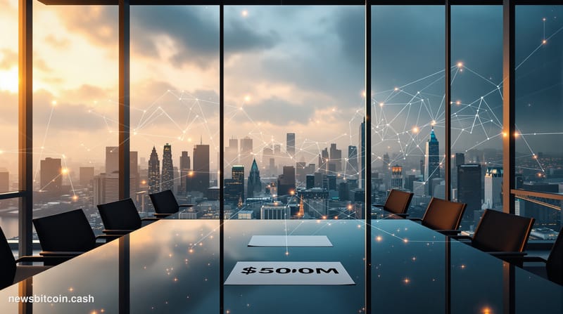 A cinematic photorealistic editorial photograph showing Kraken's corporate headquarters in San Francisco's South of Market di