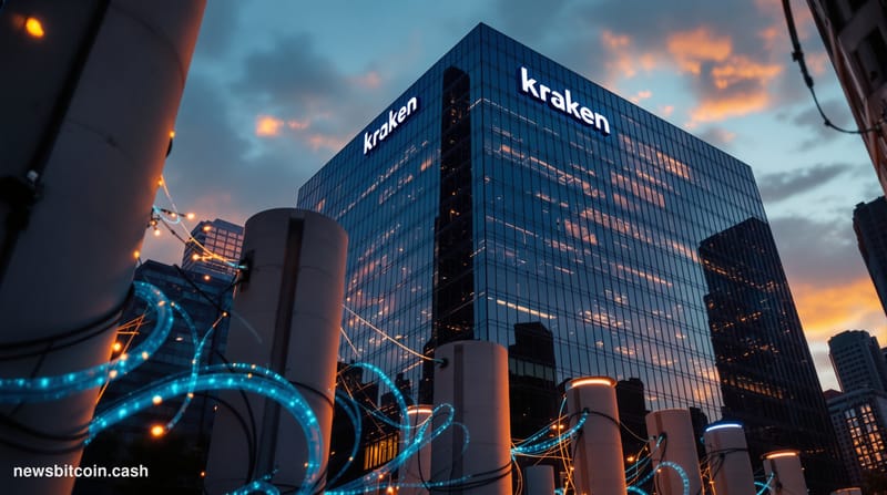 A cinematic photorealistic editorial photograph showing the exterior of Kraken's San Francisco headquarters building with its
