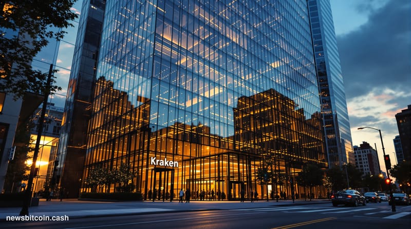 A cinematic photorealistic editorial photograph of Kraken's San Francisco headquarters exterior at dawn, with the iconic glas