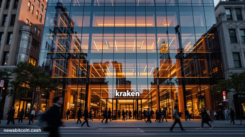 A cinematic photorealistic editorial photograph of Kraken's San Francisco headquarters building exterior during golden hour, 