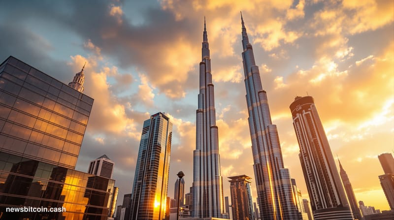 A cinematic photorealistic editorial photograph of Dubai's gleaming financial district skyline at golden hour, with the iconi