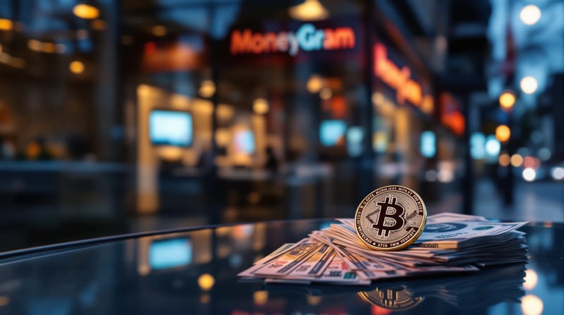 Cinematic photorealistic editorial photograph showing a MoneyGram storefront location at street level with warm evening light