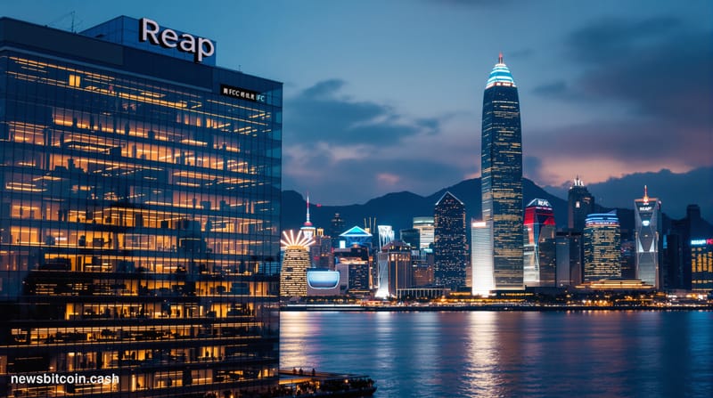 A cinematic photorealistic editorial photograph showing the Hong Kong financial district skyline at dusk, with gleaming skysc