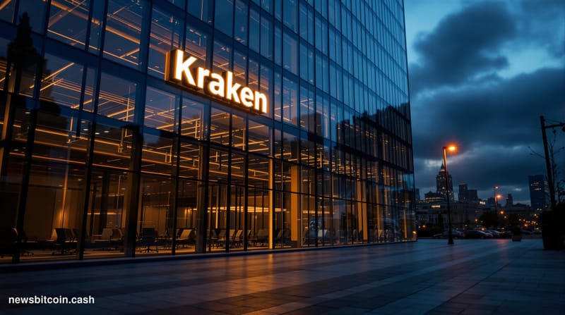 A cinematic photorealistic editorial photograph of Kraken's San Francisco headquarters building exterior during golden hour, 