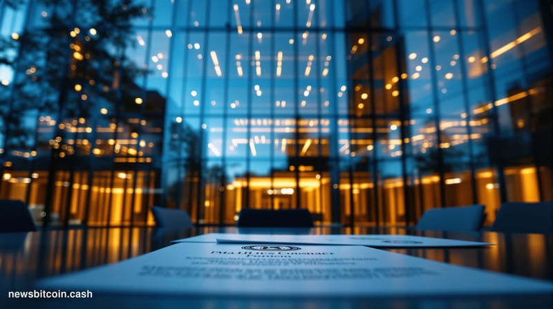 A cinematic photorealistic editorial photograph showing the imposing glass and steel facade of the Office of the Comptroller 