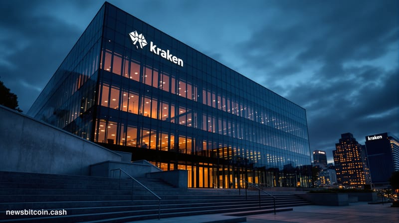 A cinematic photorealistic editorial photograph showing the exterior of Kraken's San Francisco headquarters building at dusk,