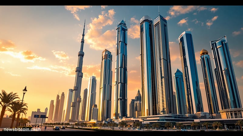 A cinematic photorealistic editorial photograph showcasing Dubai's iconic skyline at golden hour, featuring the Burj Khalifa 