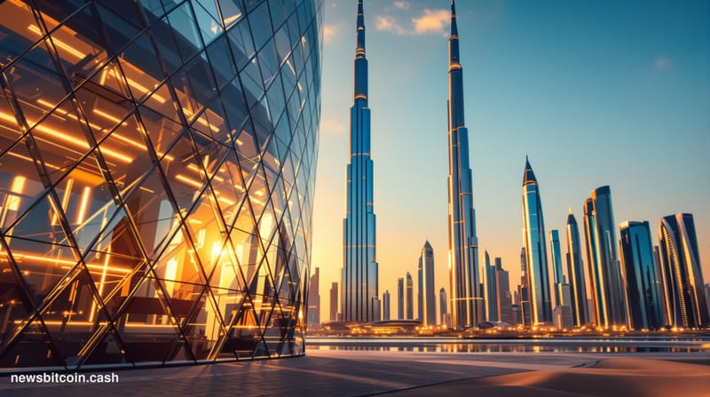 A cinematic photorealistic editorial photograph of Dubai's futuristic skyline at golden hour, featuring the iconic Burj Khali