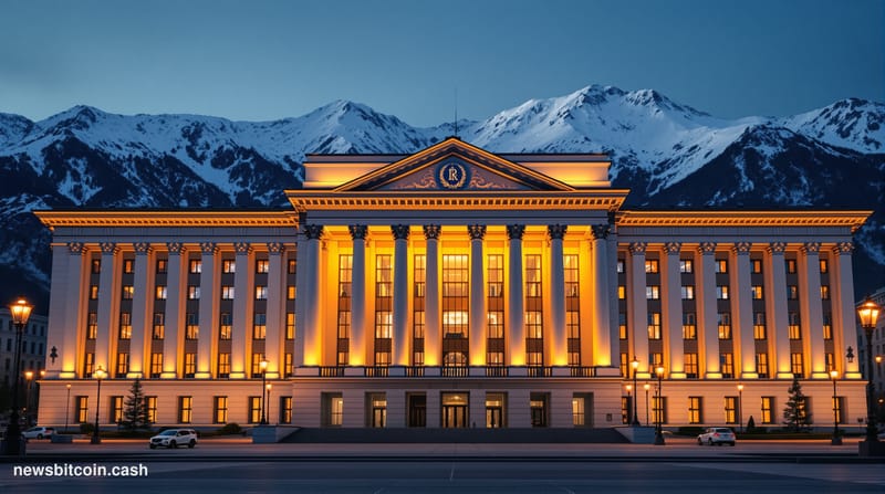A cinematic photorealistic editorial photograph of the Kyrgyz government building in Bishkek at dusk, with the distinctive wh