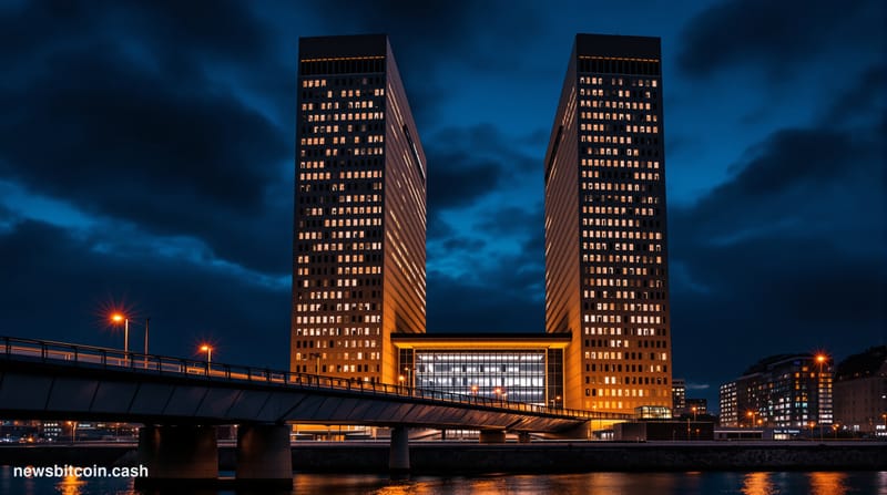 Cinematic photorealistic editorial photograph of the European Central Bank's iconic twin towers headquarters in Frankfurt's O
