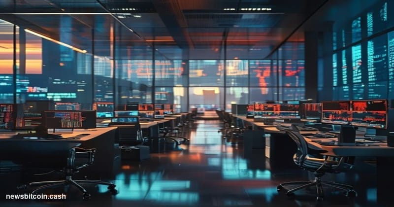 A cinematic photorealistic editorial photograph showing a modern institutional trading floor or cryptocurrency exchange offic