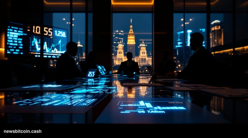 A cinematic photorealistic editorial photograph showing a high-end law firm's conference room with dramatic side lighting fro