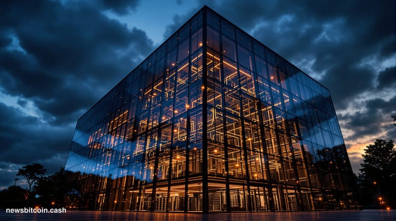 A cinematic photorealistic editorial photograph showing a modern glass office building representing LayerZero's headquarters 
