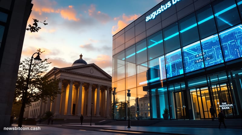 A cinematic photorealistic editorial photograph showing a stark architectural contrast between old and new banking infrastruc
