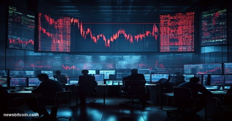 A cinematic photorealistic editorial photograph capturing the intensity of cryptocurrency liquidations through a dramatic tra