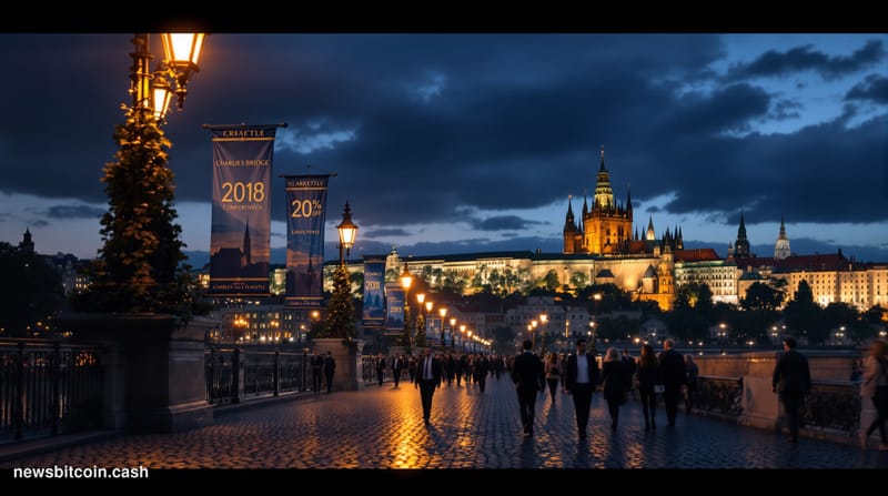 A cinematic photorealistic editorial photograph capturing Prague's historic Charles Bridge at dusk with the iconic Prague Cas
