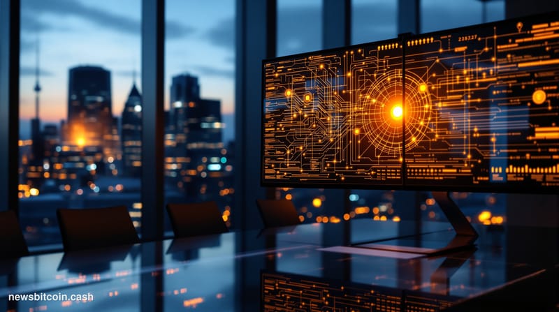 A cinematic photorealistic editorial photograph showing a modern financial technology office environment with multiple tradin