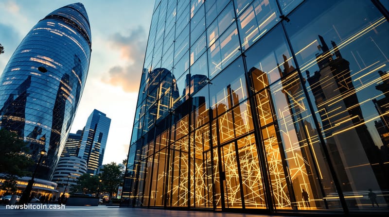 A cinematic photorealistic editorial photograph capturing London's financial district with The Smarter Web Company's corporat