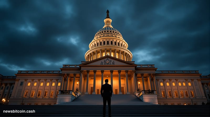 A cinematic photorealistic editorial photograph of the United States Capitol building in Washington DC, shot from a low angle