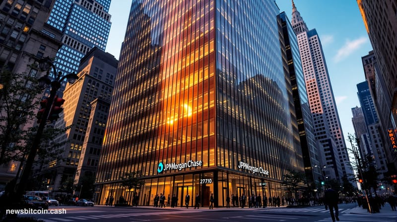 A cinematic photorealistic editorial photograph showing the iconic JPMorgan Chase headquarters at 270 Park Avenue in Manhatta