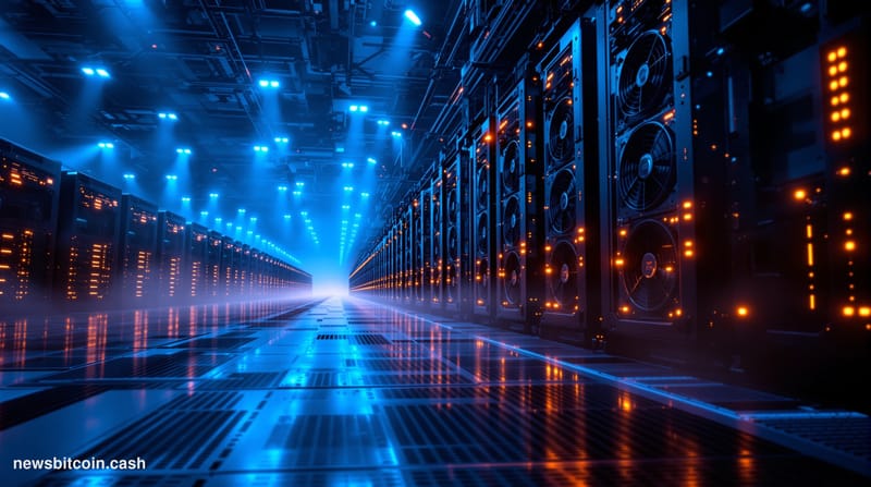 A cinematic photorealistic editorial photograph showing a massive Bitcoin mining facility interior with rows of ASIC miners s