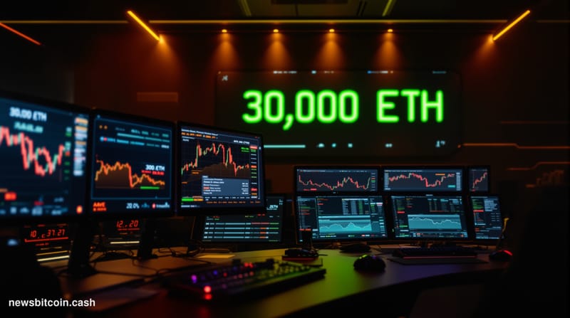 A cinematic photorealistic editorial photograph showing a modern DeFi operations center with multiple trading screens display
