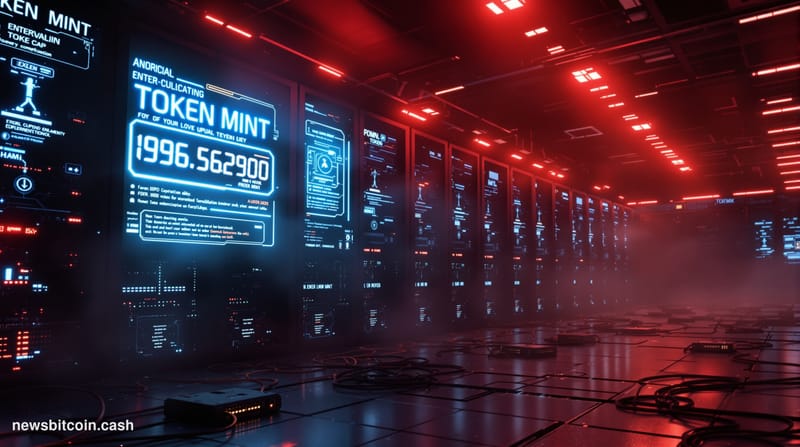 A cinematic photorealistic editorial photograph showing a dramatic server room or blockchain infrastructure facility in crisi