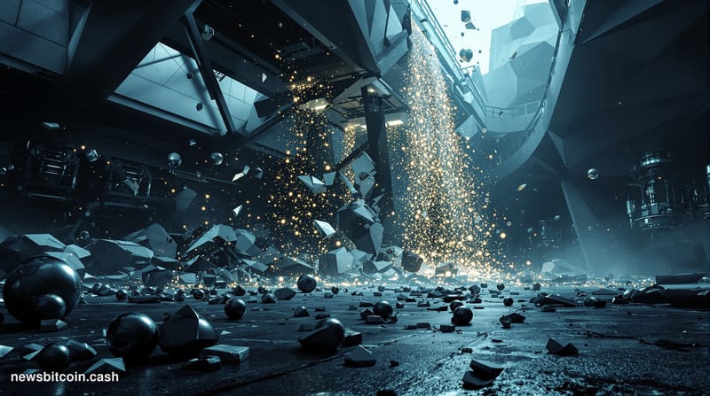 A cinematic photorealistic editorial photograph showing a dramatic digital bridge structure collapsing into fragments, with s