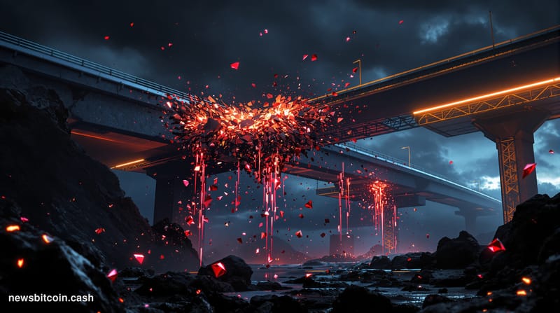 A cinematic photorealistic editorial photograph showing a dramatic visualization of digital token collapse and bridge infrast