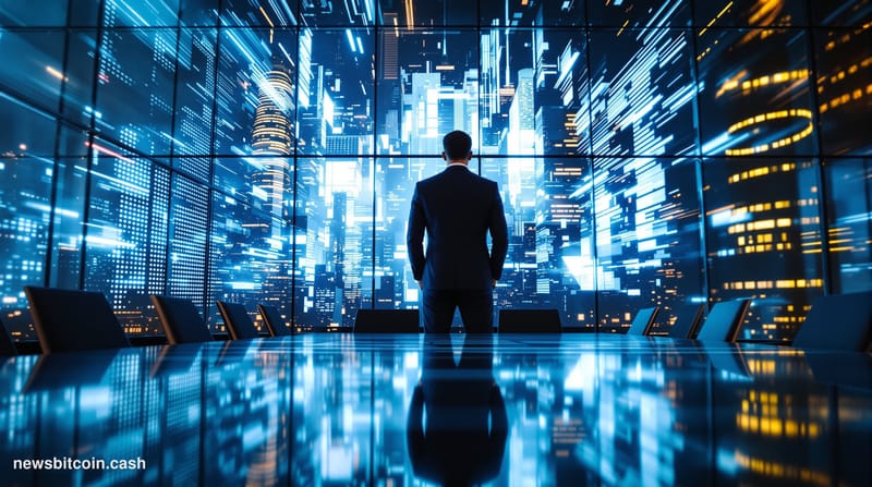 A cinematic photorealistic editorial photograph showing Mark Cuban's distinctive silhouette in a modern corporate boardroom o