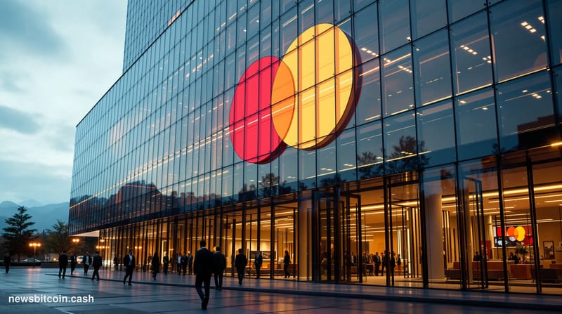 A cinematic photorealistic editorial photograph capturing Mastercard's corporate headquarters building in Purchase, New York,