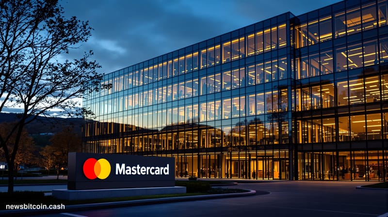 Cinematic photorealistic editorial photograph showing the iconic Mastercard headquarters building in Purchase, New York, with