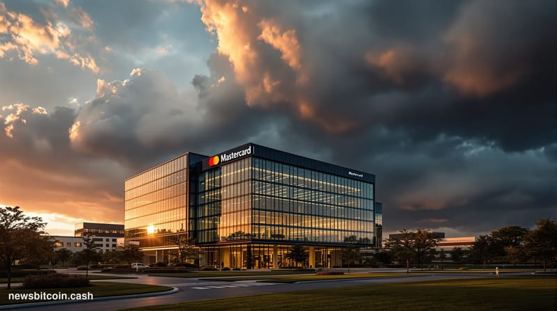 A cinematic photorealistic editorial photograph of Mastercard's corporate headquarters in Purchase, New York, captured during