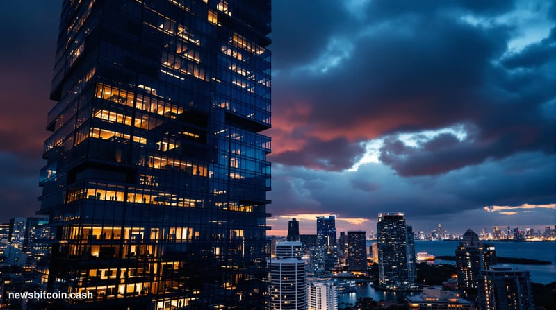 A cinematic photorealistic editorial photograph showing the Miami skyline at dusk with dramatic storm clouds overhead, captur