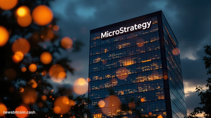 A cinematic photorealistic editorial photograph of MicroStrategy's corporate headquarters in Tysons Corner, Virginia, capture